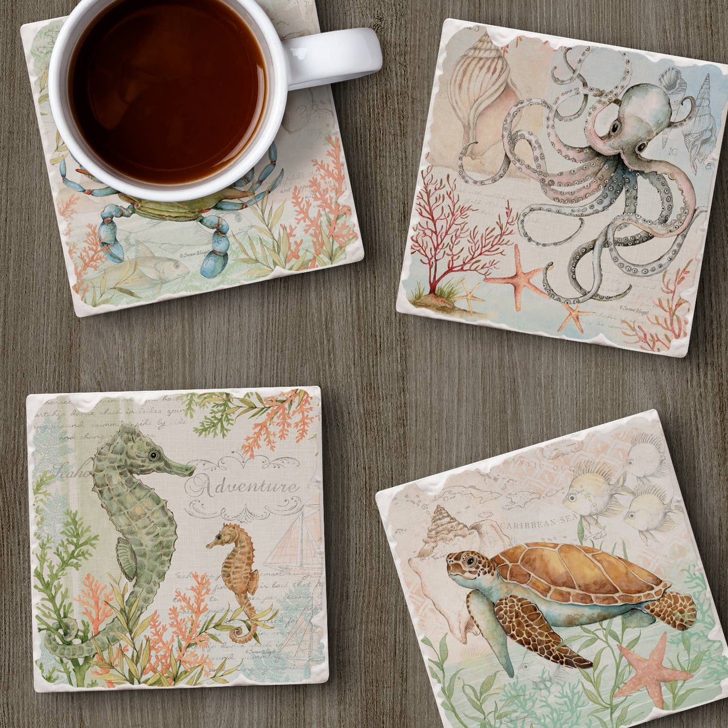 CounterArt/Highland Home/Thirstystone - Caribbean Seas Assorted Image Tumbled Tile Coaster 4 Pack