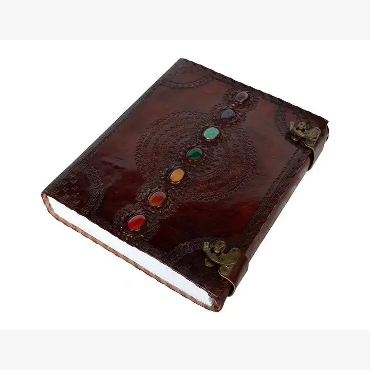 Tuzech Leather - Tuzech Handmade Vintage Seven Chakra Stone Embossed Diary: Brown / 10 x 7 inch / Unlined