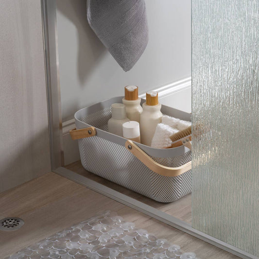 Moda at Home Enterprises, Ltd - N&T PLEXUS MESH STORAGE BASKET GREY W/ WOODEN HANDLE 17L