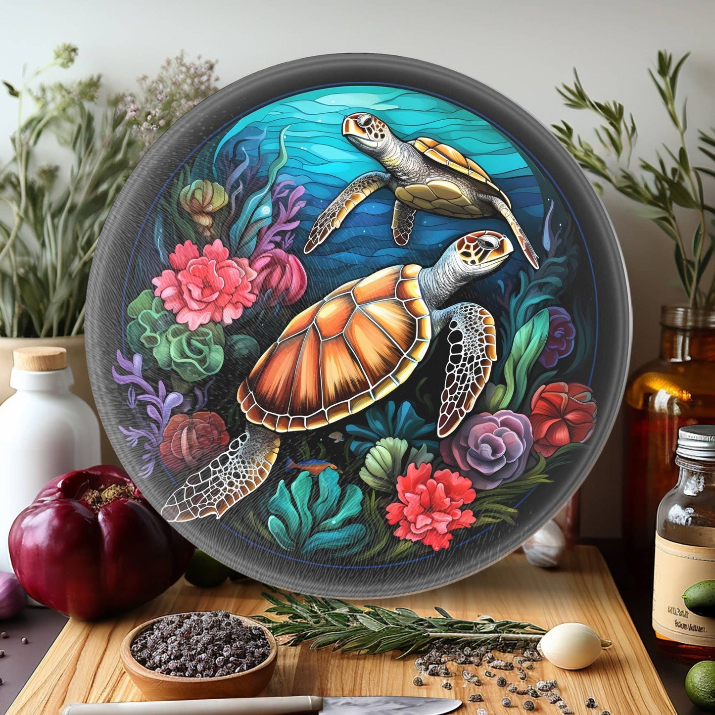 Fernville Creations - Turtle Tempered Glass Cutting & Serving Board: 12 Inch