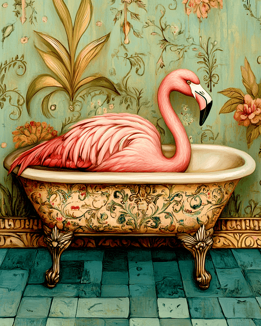 Mowbi - Pink Flamingo in Victorian Bathtub - Bathroom Wall Art Prints – 8″x10″ Artwork for 11″x14″ Frame