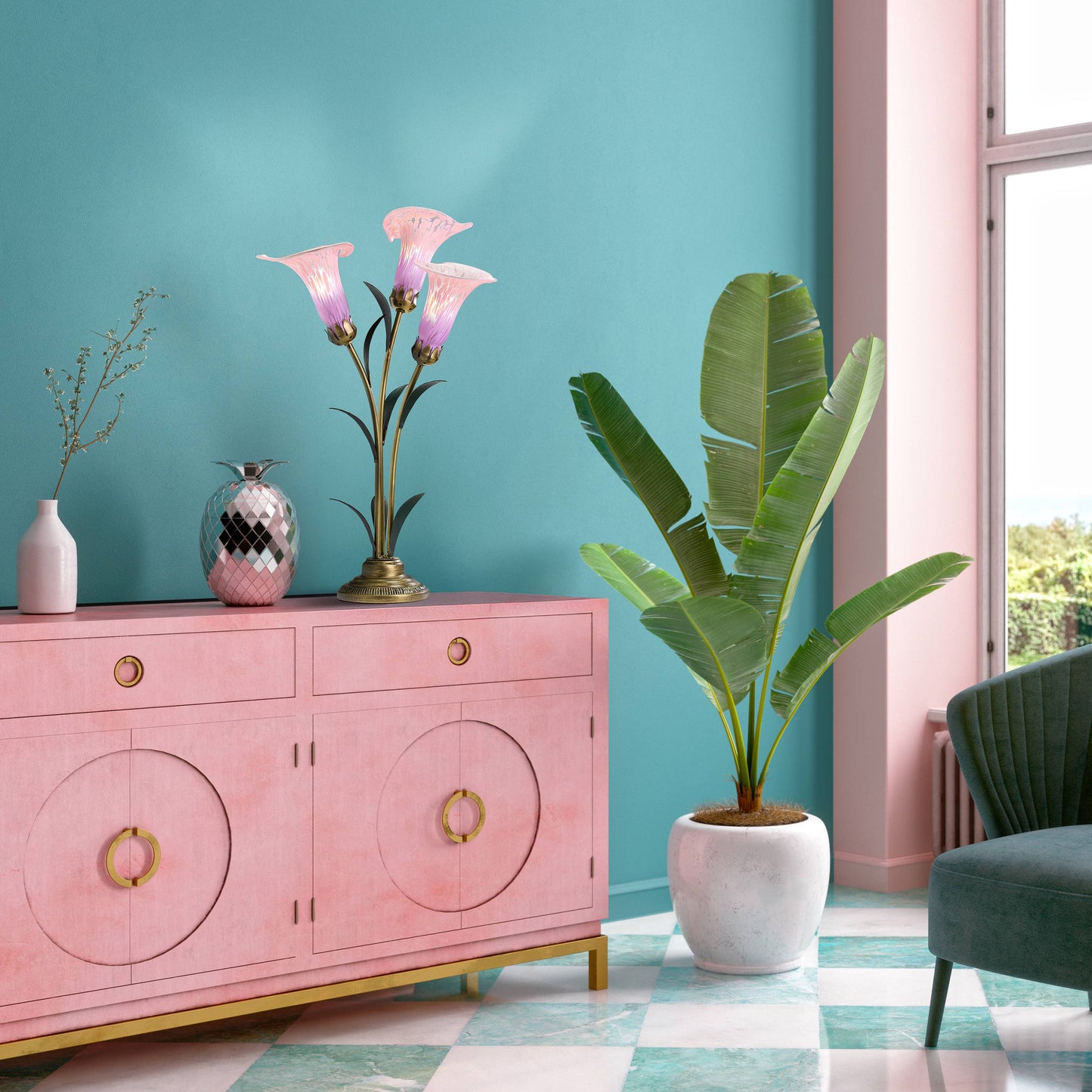 River of Goods - 23.5"H Pink 3 Shade Handblown Glass Calla Lily Table Lamp