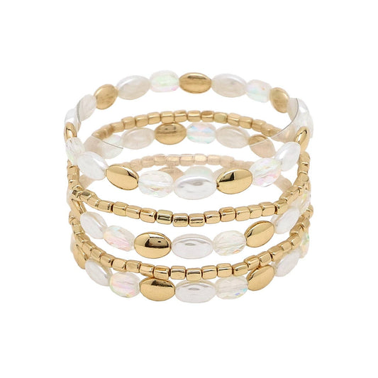 What's Hot - White, Pearl, and Gold Beaded Set of 5 Stretch Bracelets