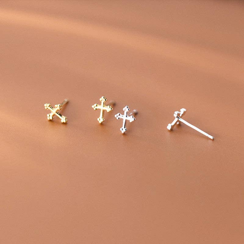 Perimade & Co. LLC - Simple Dainty Cross Stud Earrings in 925 Sterling Silver: Gold