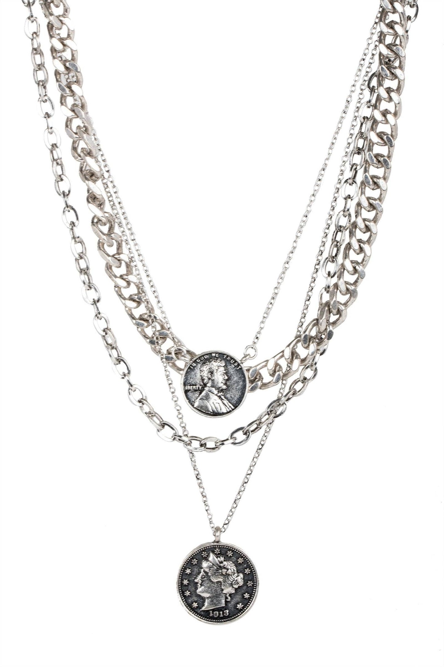 SAACHI - Sikka Coin Layered Chain Necklace: Silver