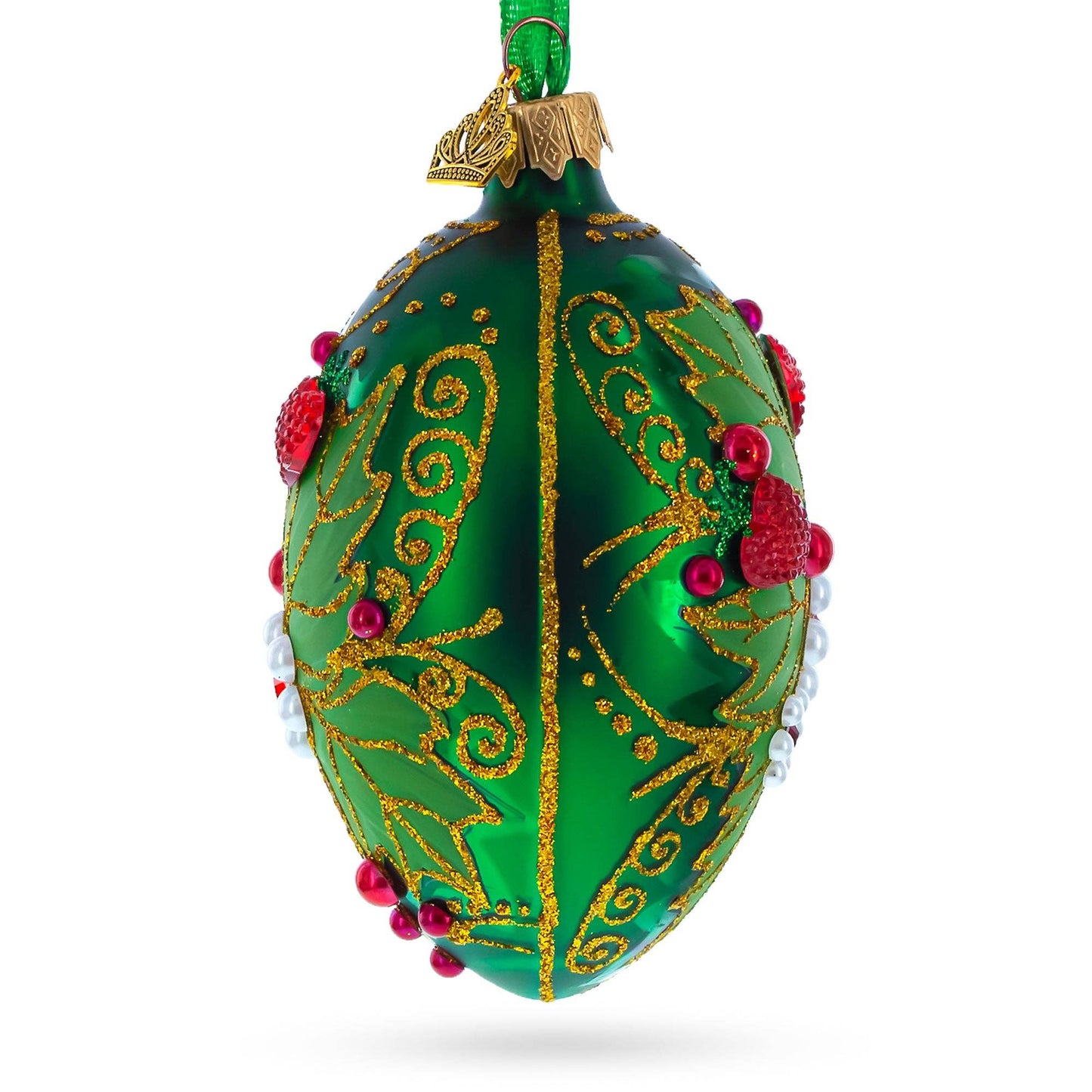 BestPysanky - Pearl on Green Leaves Glass Egg Ornament