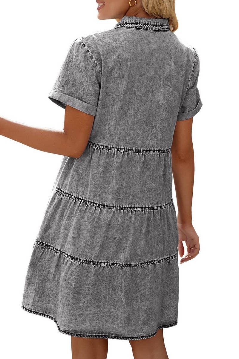 NINEXIS - CWDSD5998_DENIM CASUAL SHORT-SLEEVED MIDI DRESS: DARKBLUE / (XL) 1