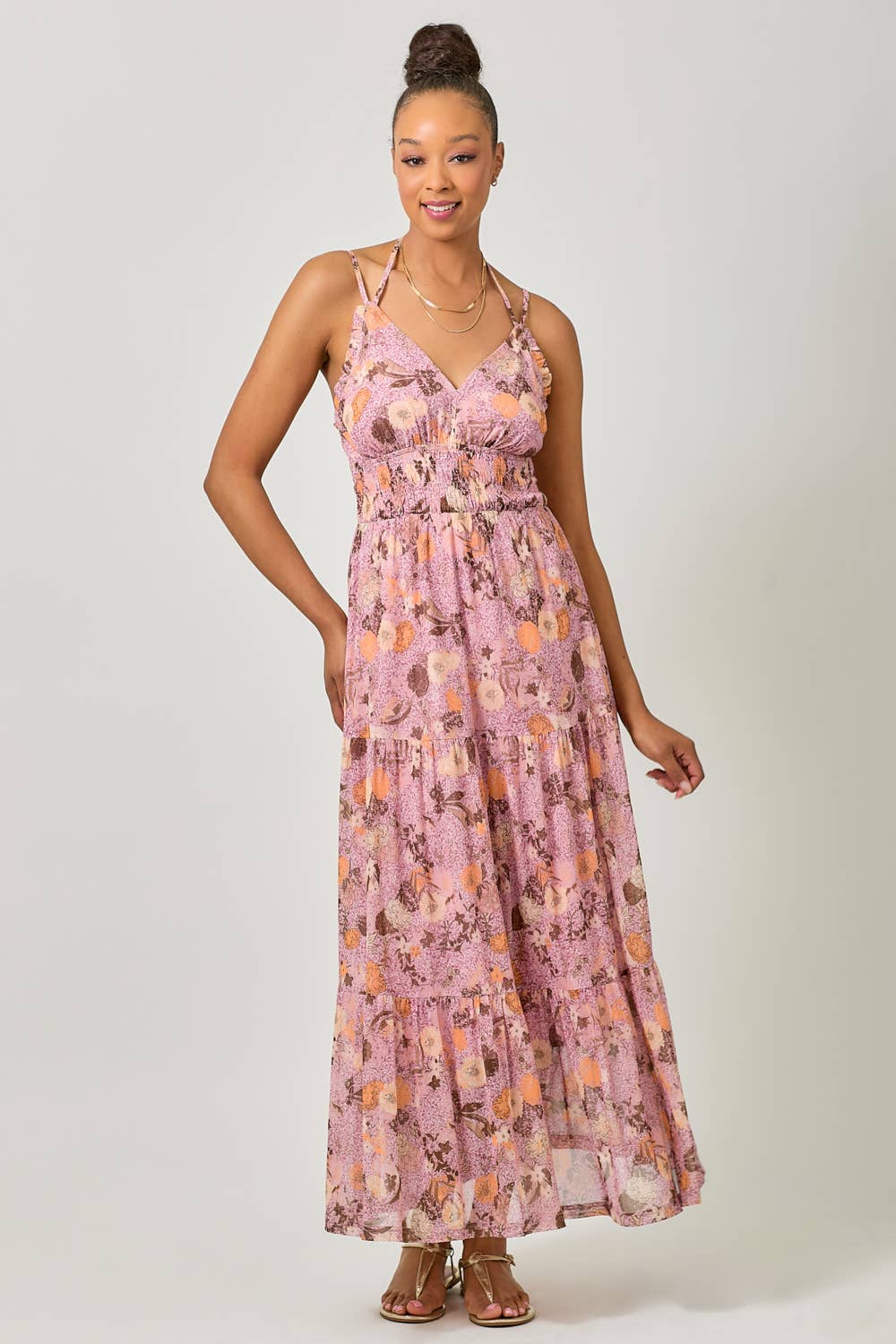 Mystree - 61048 Printed Mesh Long Tiered Dress: Ivory/Pale Blue / Large