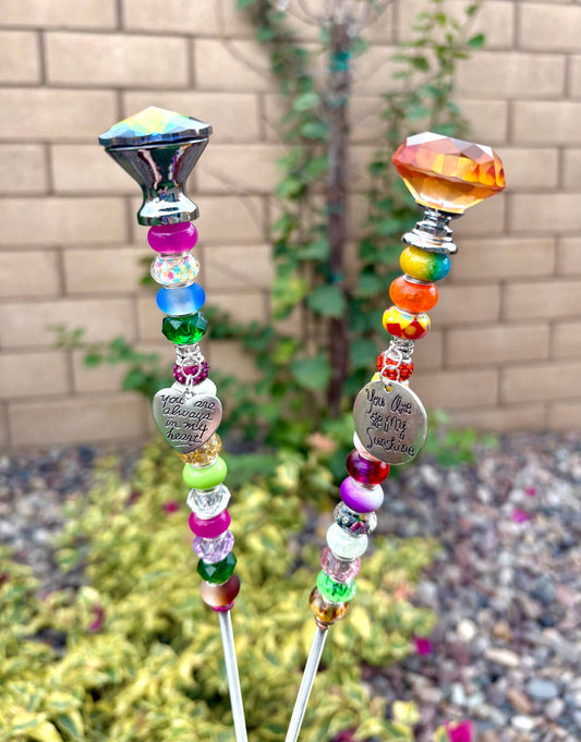 Sea of Bliss Shop - Fairy Garden Plant Stakes, Sun Catcher, Handcrafted: Multi-Colored / No Charm / 13 inch