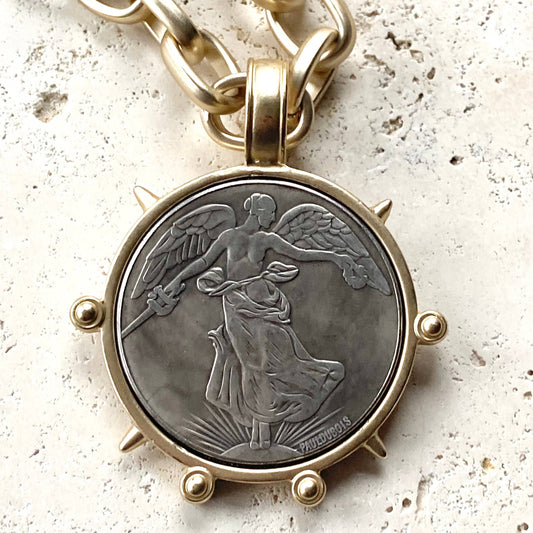VB&CO Designs Handmade Jewelry - Medallion French Angel coin necklace boutique  jewelry: Matte gold
