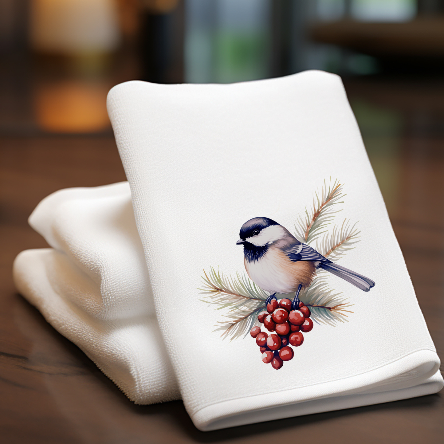 Fernville Creations - Elegant Chickadee & Greens Polyester/Cotton Fingertip Towel