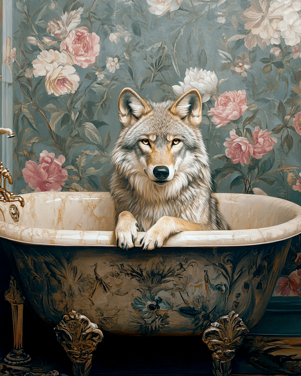 Mowbi - Wolf in Bathtub - Anthropomorphic Animal Art Prints – 8″x10″ Artwork for 11″x14″ Frame