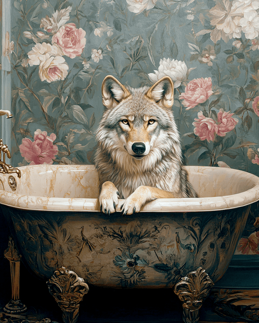 Mowbi - Wolf in Bathtub - Anthropomorphic Animal Art Prints – 8″x10″ Artwork for 11″x14″ Frame