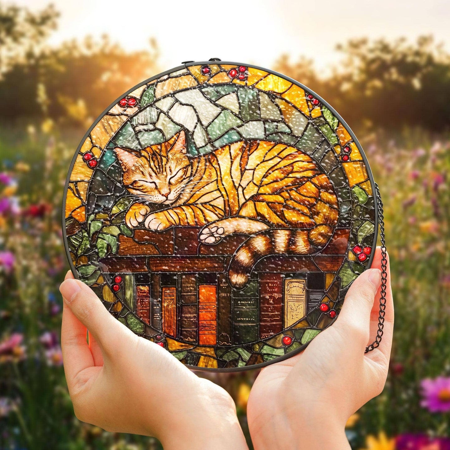 NVC Ecommerce LLC - Sleeping Cat On Books Stained Glass Suncatcher, Book Lover : 11.8in