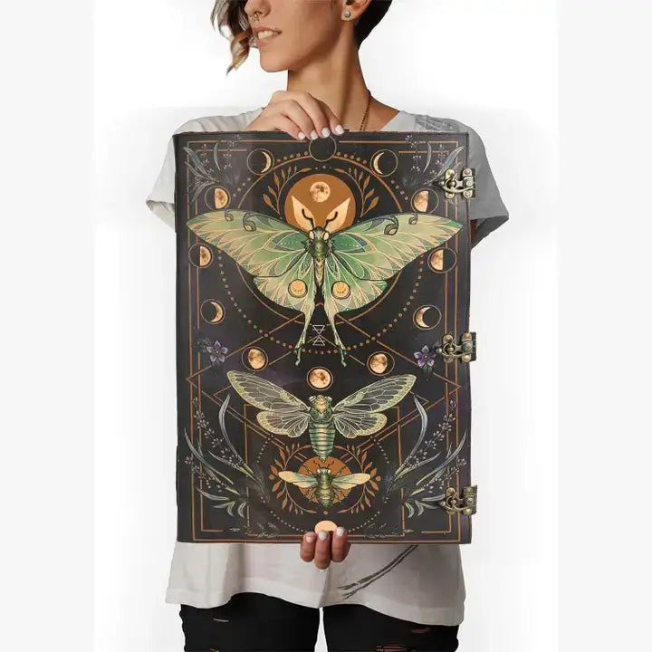 Tuzech Leather - Book of Spell LeatherBound Huge Journal Grimoire Print Diary: 22" Inch / Green Lady