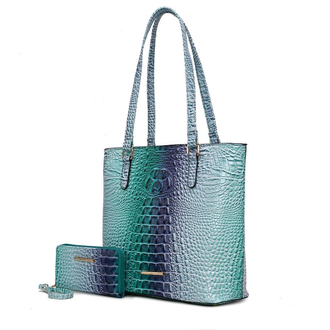 MKF Collection - MKF Piper Gradient Rainbow Embossed Tote Bag & Wallet: Coral
