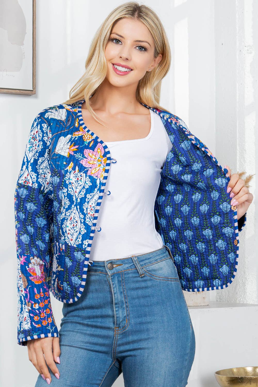 LA Soul - Floral Print Quilted Patch Cotton Jacket - Blue : XL