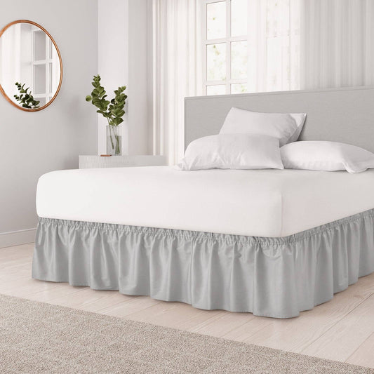 CGK Unlimited - Elastic Wrap-Around Dust Ruffled Bed Skirt- Pleated 15" Drop: Light Gray / Queen