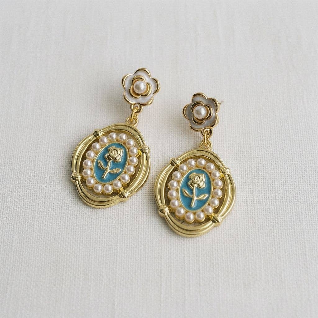 Ellemadera - Vintage Inspired Blue Floral Pearl Dangle Earrings