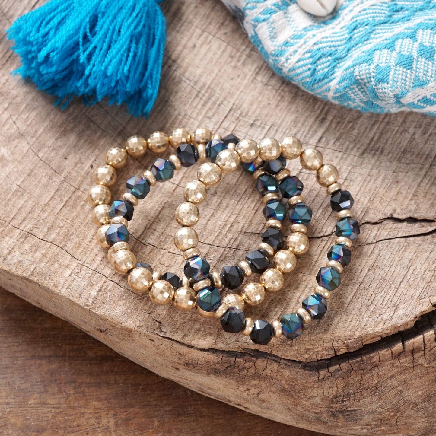PennyLine inc - Festive Stretchy Beaded bracelet Sets - Gold, Black, Brown, Red: Natural Brown and Green