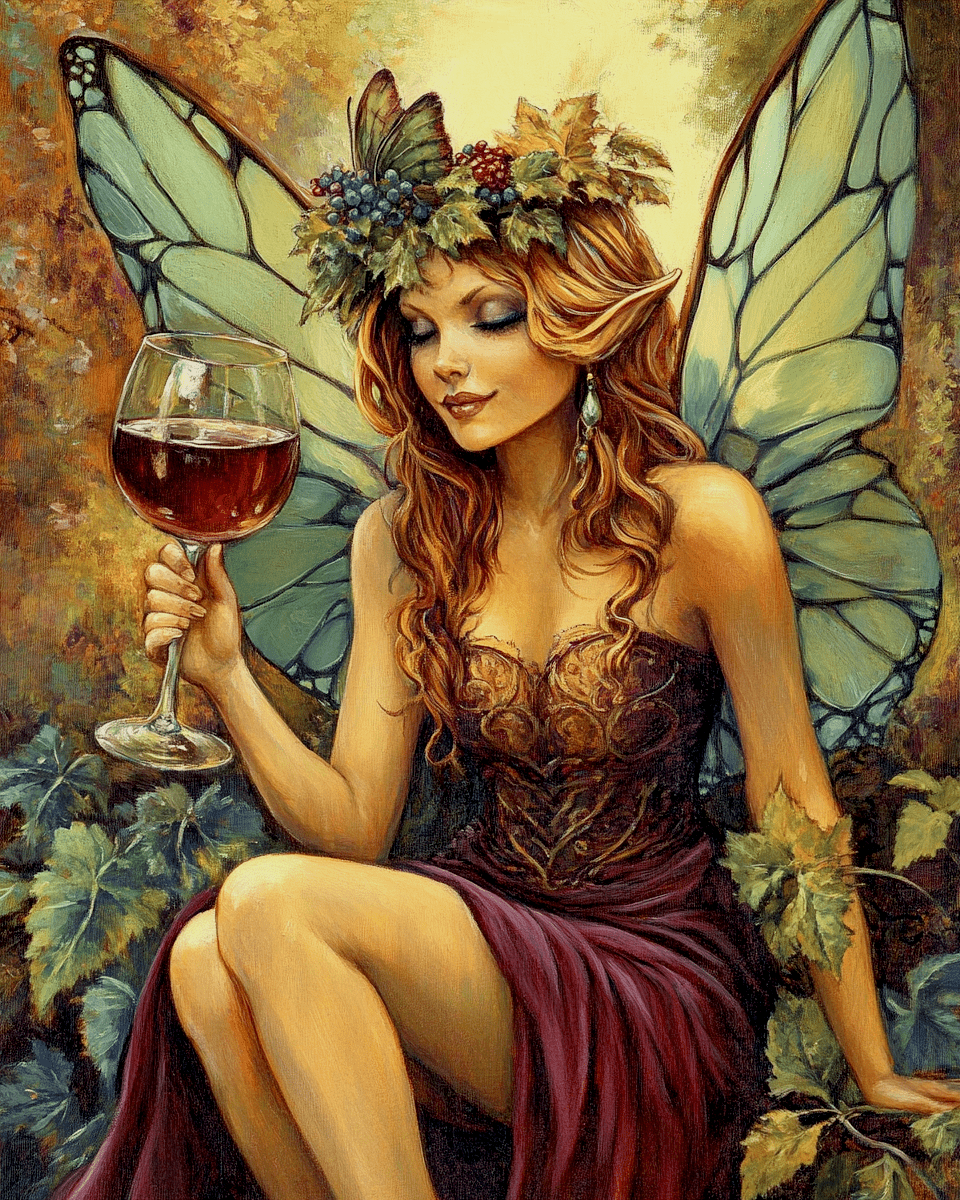 Mowbi - Fairy Enjoying a Glass of Vino - Wine Wall Art Prints – 8″x10″ Artwork for 11″x14″ Frame