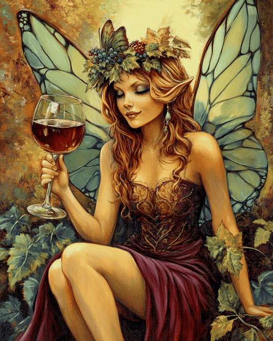 Mowbi - Fairy Enjoying a Glass of Vino - Wine Wall Art Prints – 8″x10″ Artwork for 11″x14″ Frame