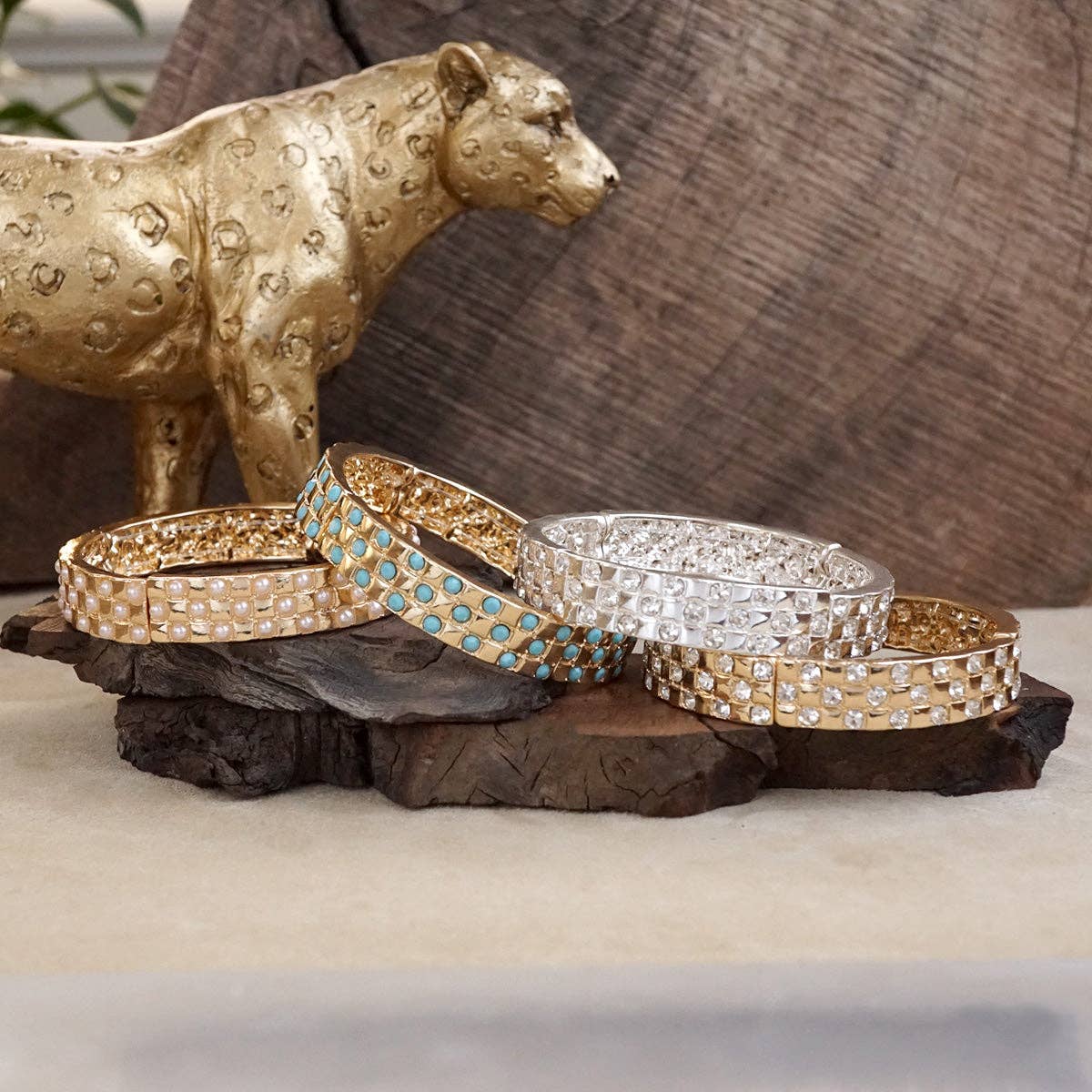 PennyLine inc - Luxe Check – Checker Crystal Stretch Bangle: Gold - Clear