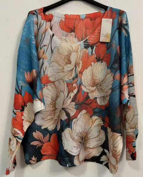 LOOWIE - POFLOB Blue Floral V-Neck Knit Printed Sweater LOOWIE