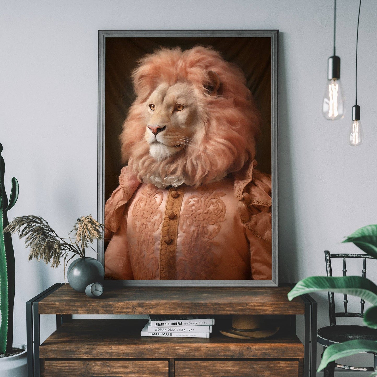 Ink & Drop - Lion in Peach Jacket Animal Portrait Print: 11 ¾ x 15 ¾ in | 30x40 cm / Matte