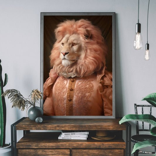 Ink & Drop - Lion in Peach Jacket Animal Portrait Print: 11 ¾ x 15 ¾ in | 30x40 cm / Matte