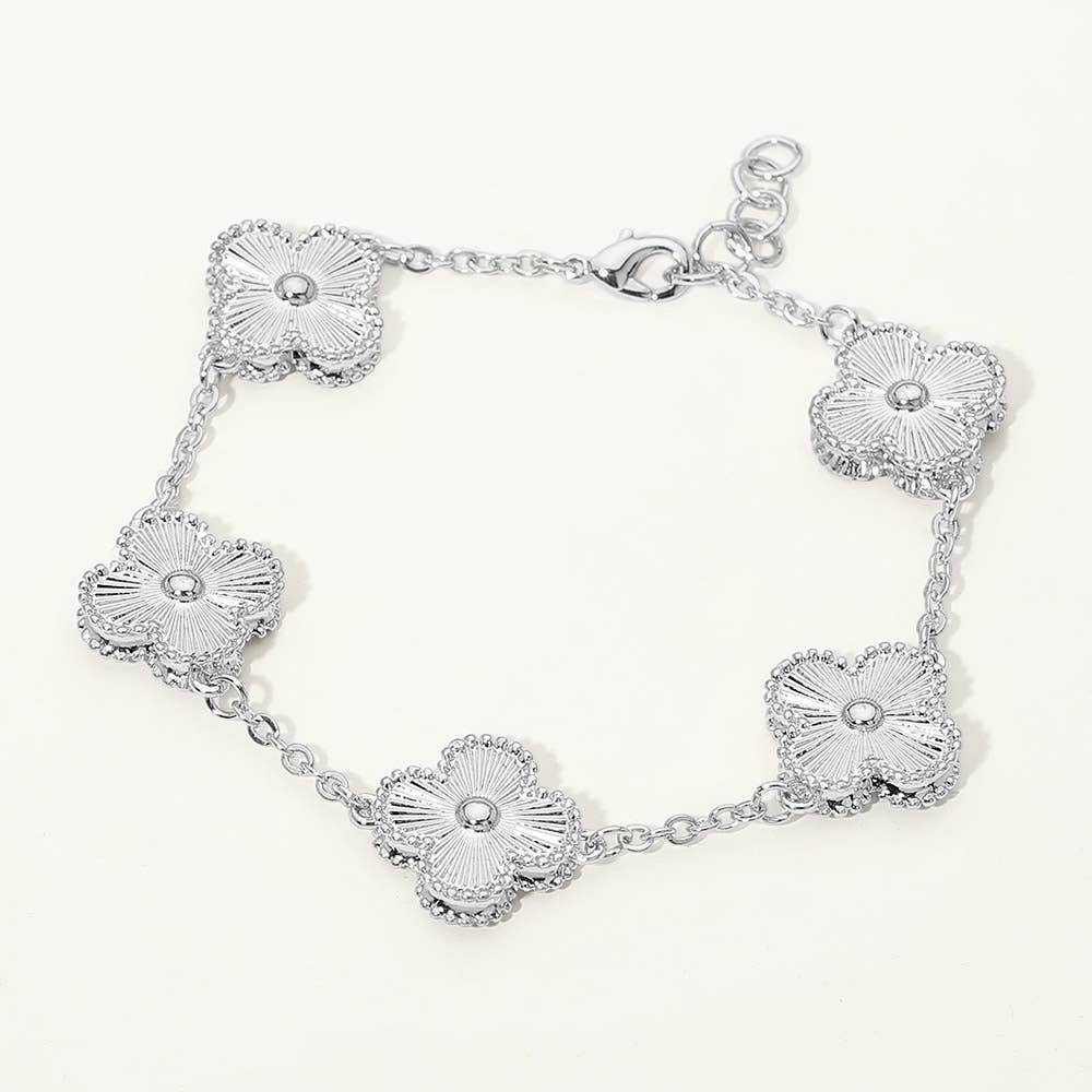 Sensibling Corp. - 14K Gold Plated Textured Quatrefoil Charm Link Bracelet: Silver