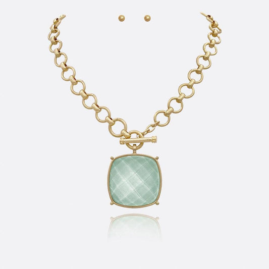 anbfashion - SQUARE STONE PENDANT CHAIN NECKLACE EARRING SET: SAGE