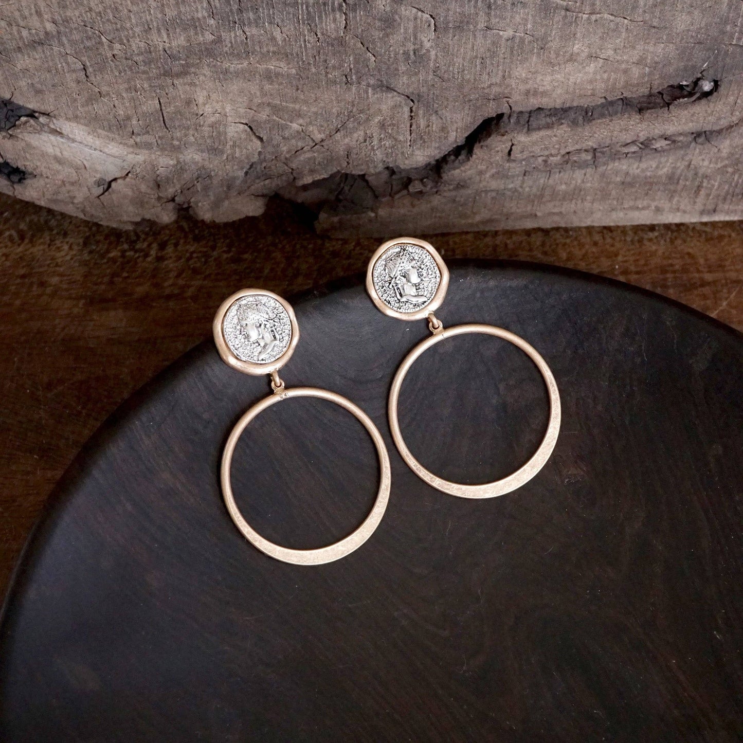 PennyLine inc - Boho Coin and Hoop Earrings – Silver & Gold Tone: Worn Silver Tone