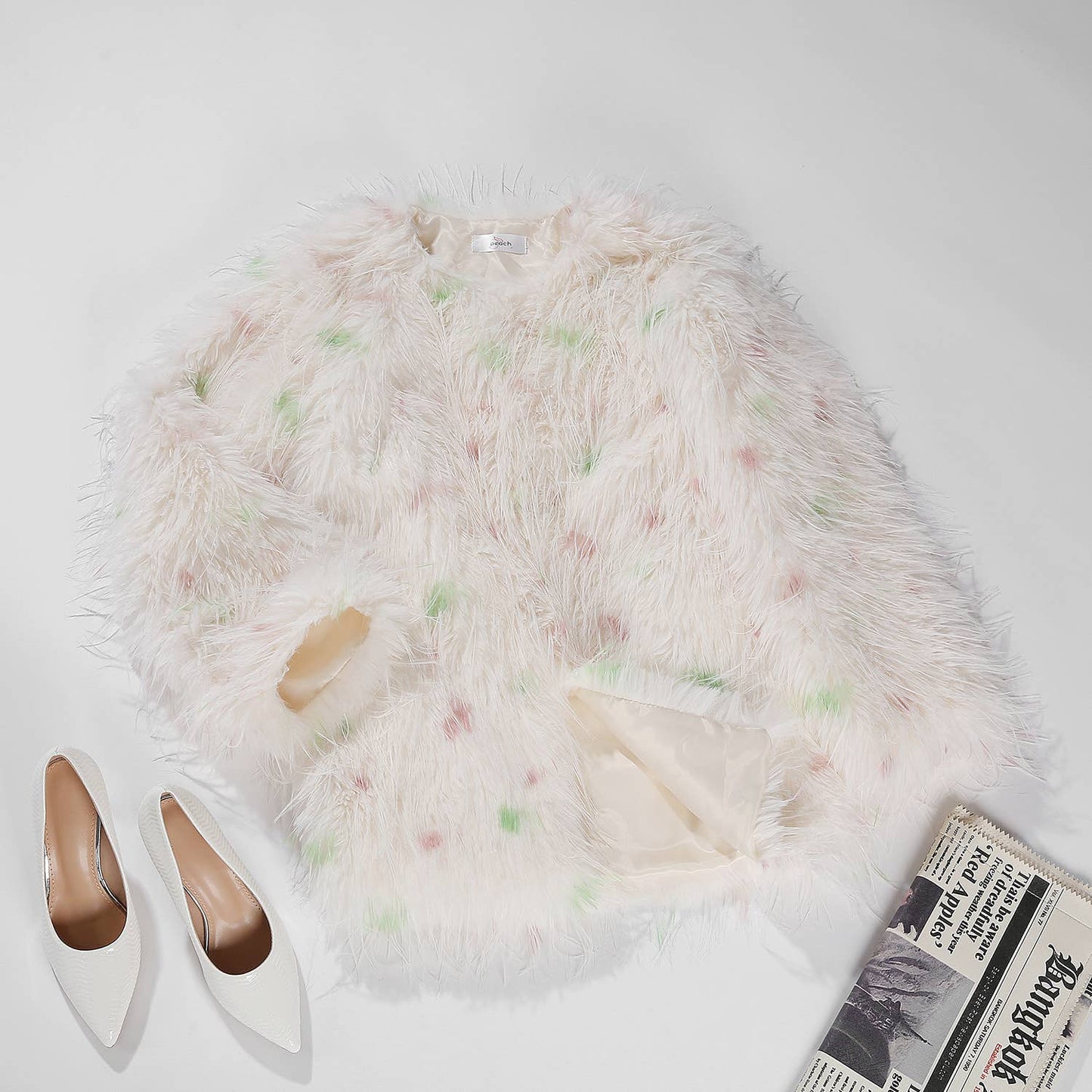 PEACH ACCESSORIES - Polka-Dot Shaggy Cape Coat CE102: Pink Mix