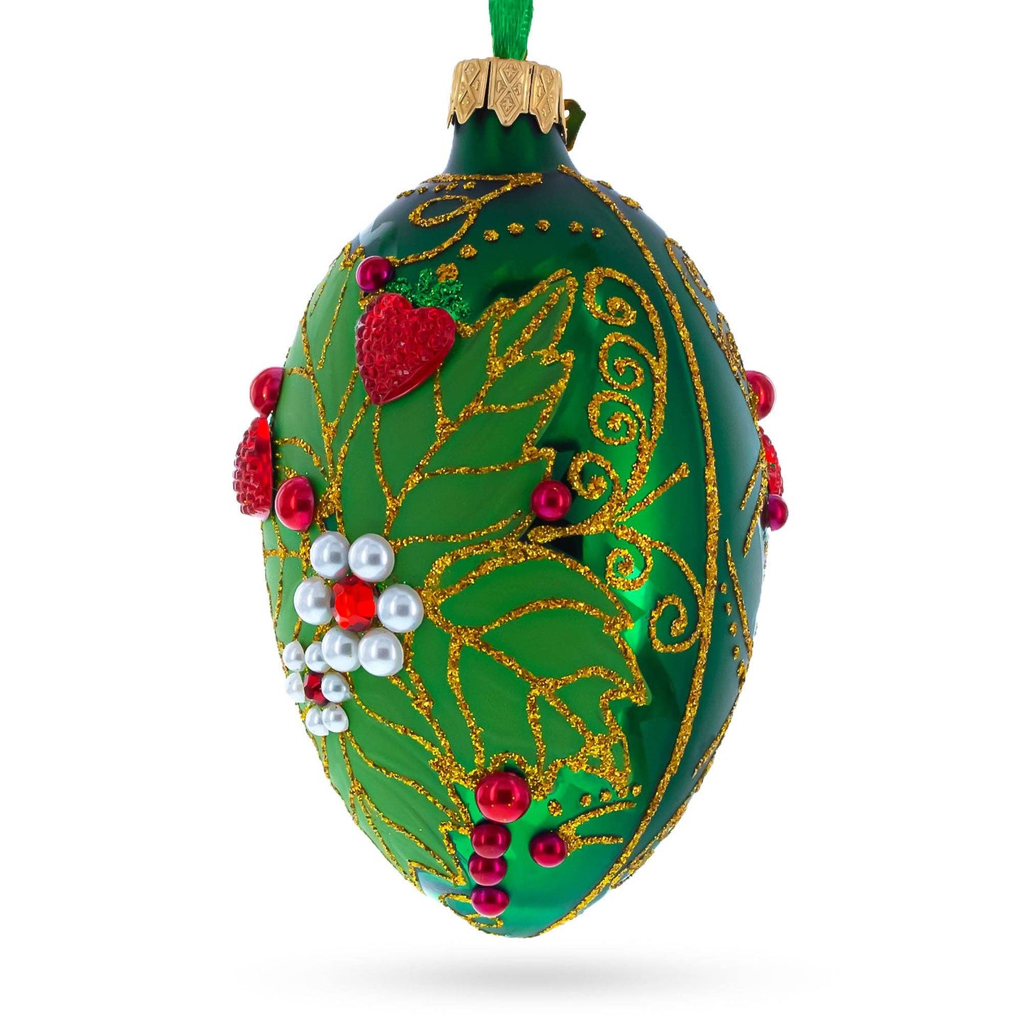 BestPysanky - Pearl on Green Leaves Glass Egg Ornament