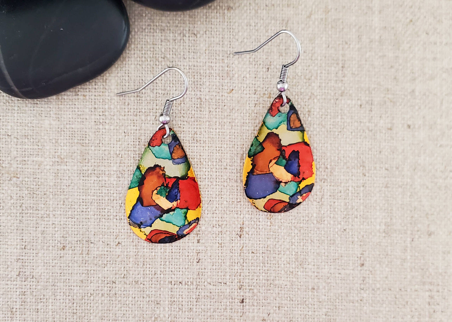 Covaly Artisan Jewelry - Alcohol Ink Small Teardrop Earrings: Blue/Browns