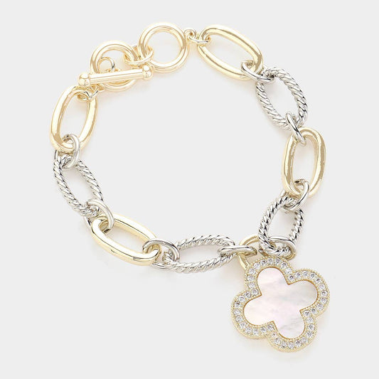 Sensibling Corp. - 14K Gold Plated CZ Stone Paved Quatrefoil Charm Bracelet: Mother of Pearl