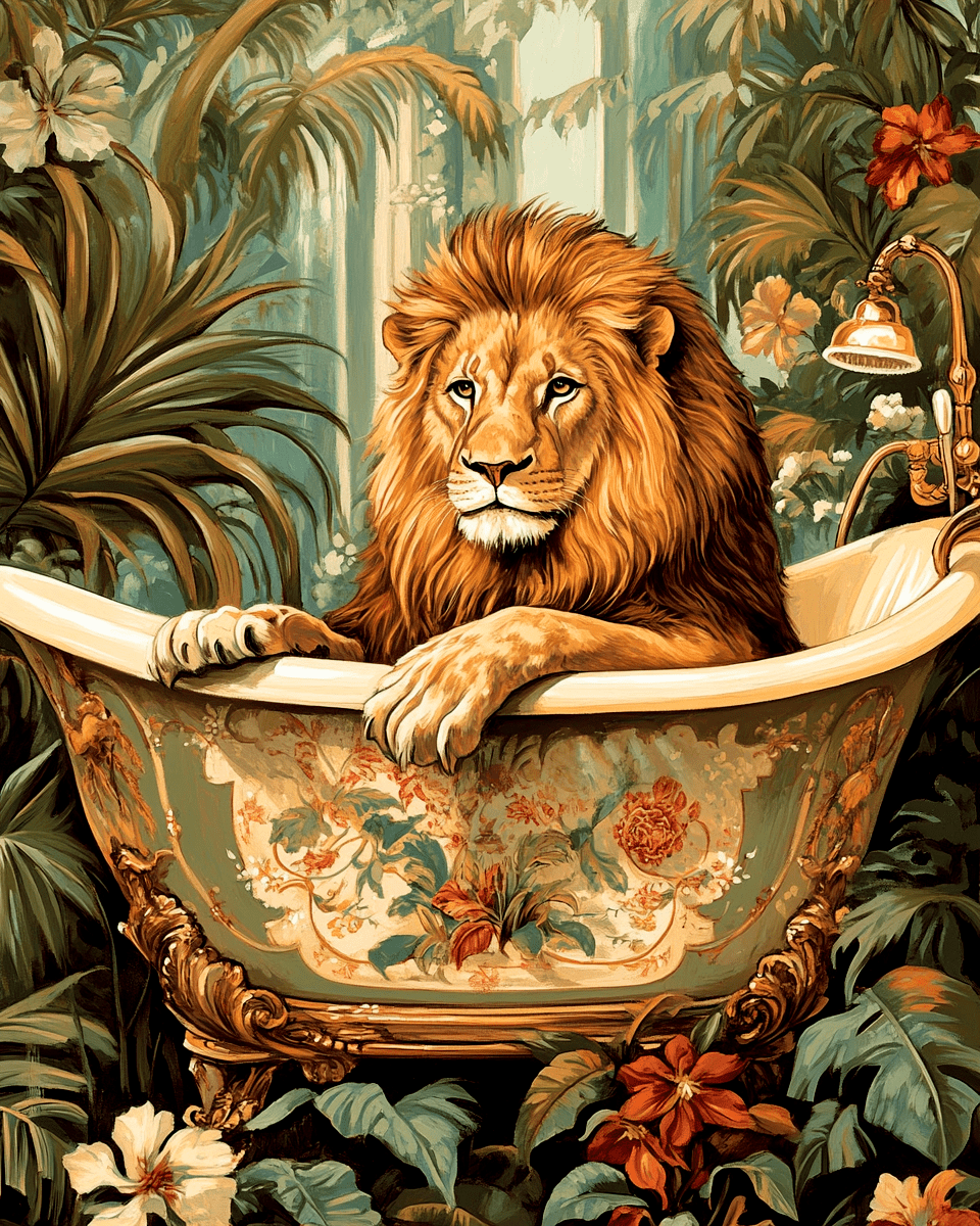 Mowbi - Lion in Victorian Bathtub - Bathroom Wall Art Prints – 8″x10″ Artwork for 11″x14″ Frame