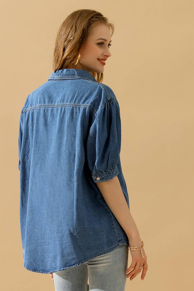 NINEXIS - CWJT0001-B_SHORT PUFF SLEEVE BUTTON DOWN DENIM SHIRTS: DENIM / (M) 1