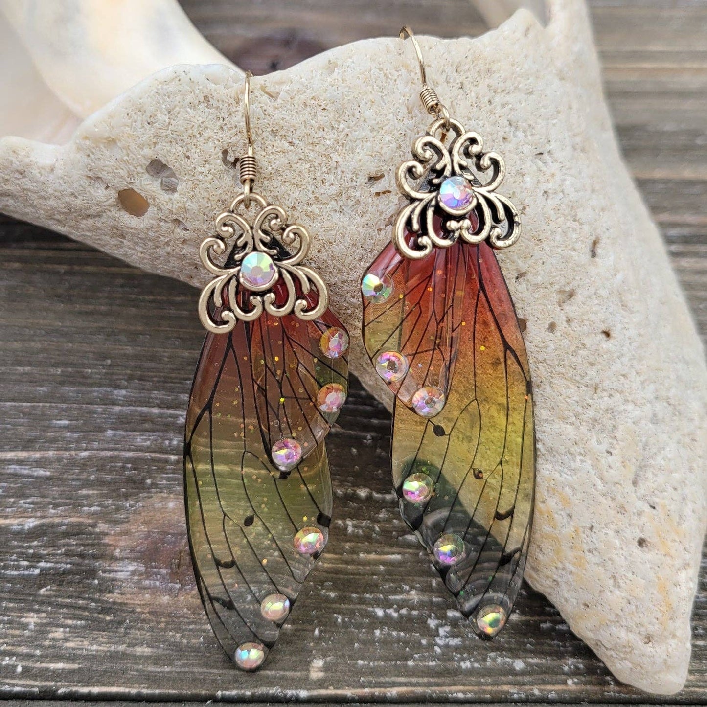 BESHEEK JEWELRY - BeSheek Antique Gold Red & Yellow Resin Butterfly Wings: Title