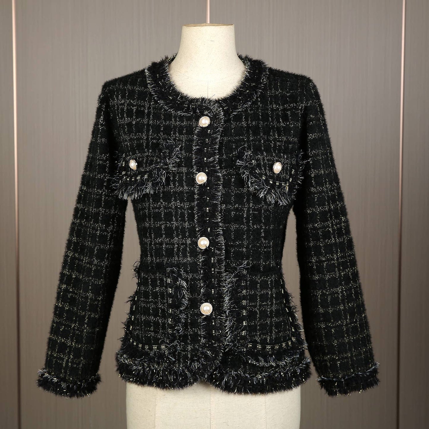 PEACH ACCESSORIES - SD187 Tweed soft cardigan: Black