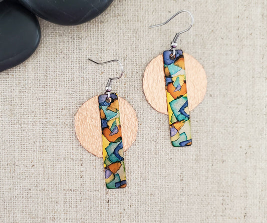 Covaly Artisan Jewelry - Alcohol Ink Long Circle Layered Earrings: Blue/Browns