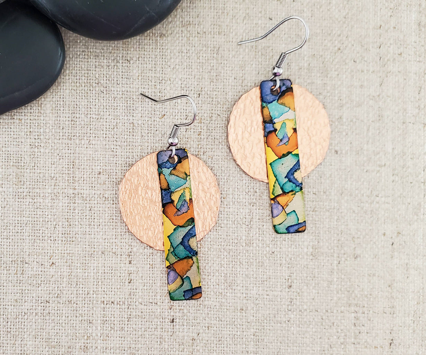 Covaly Artisan Jewelry - Alcohol Ink Long Circle Layered Earrings: Reds