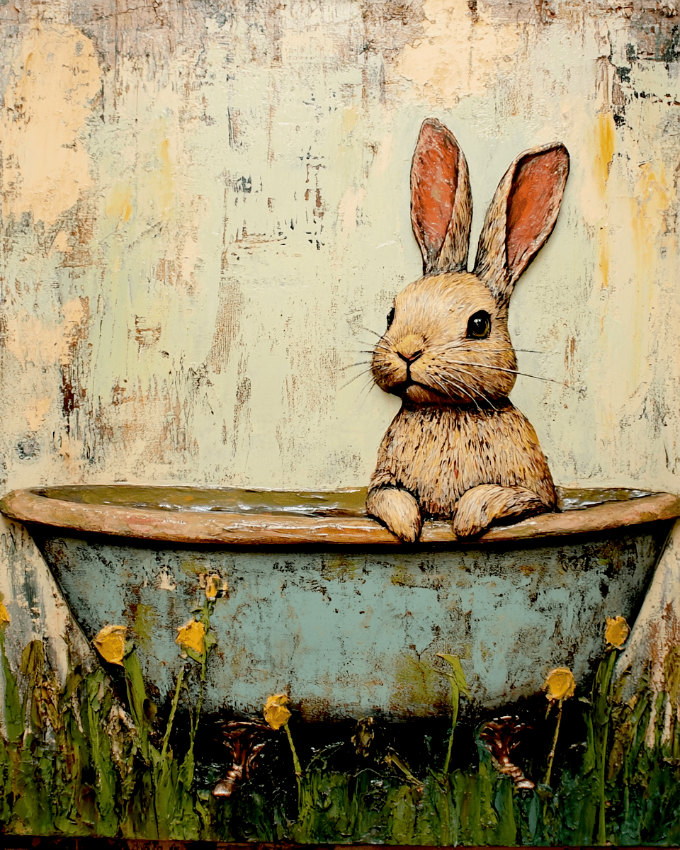 Mowbi - Bunny Rabbit in Bathtub - Bathroom Wall Art Prints – 8″x10″ Artwork for 11″x14″ Frame