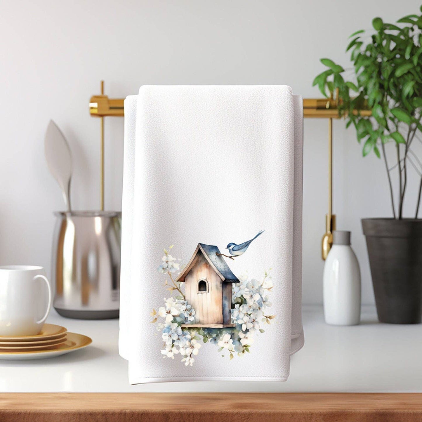 Fernville Creations - Birdhouse Printed Hand Towel with Blue Floral Accents