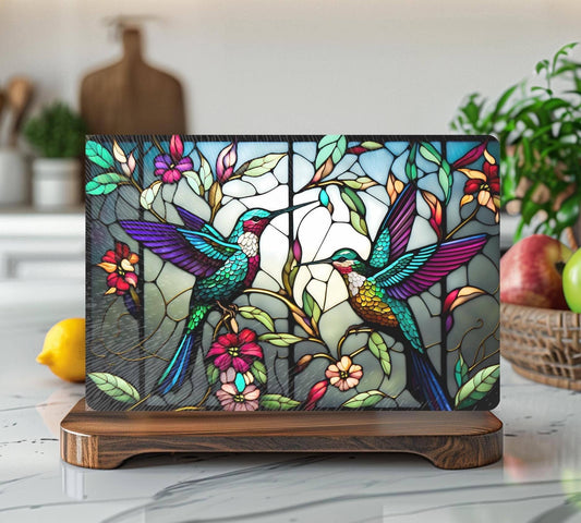 Fernville Creations - Hummingbird Tempered Glass Charcuterie & Serving Board: 12x15 Inch