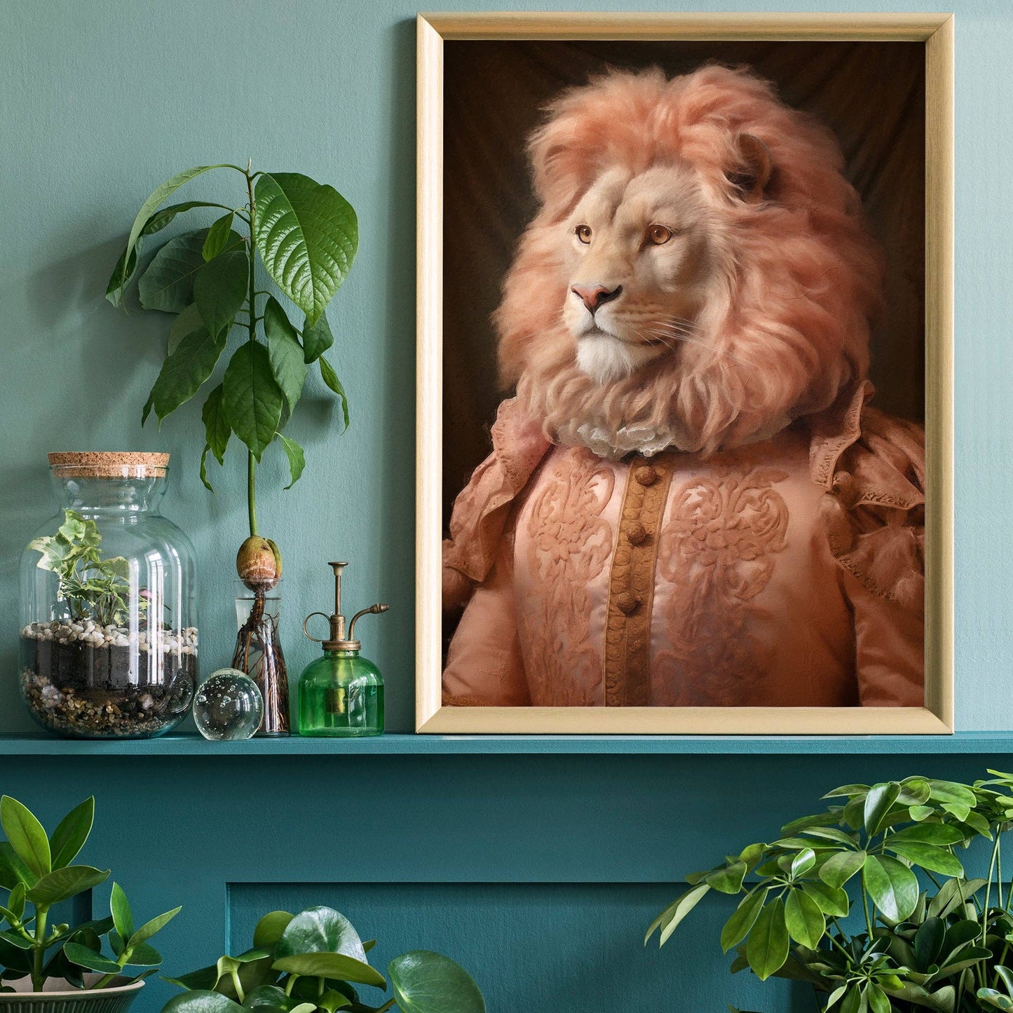 Ink & Drop - Lion in Peach Jacket Animal Portrait Print: 11 ¾ x 15 ¾ in | 30x40 cm / Matte