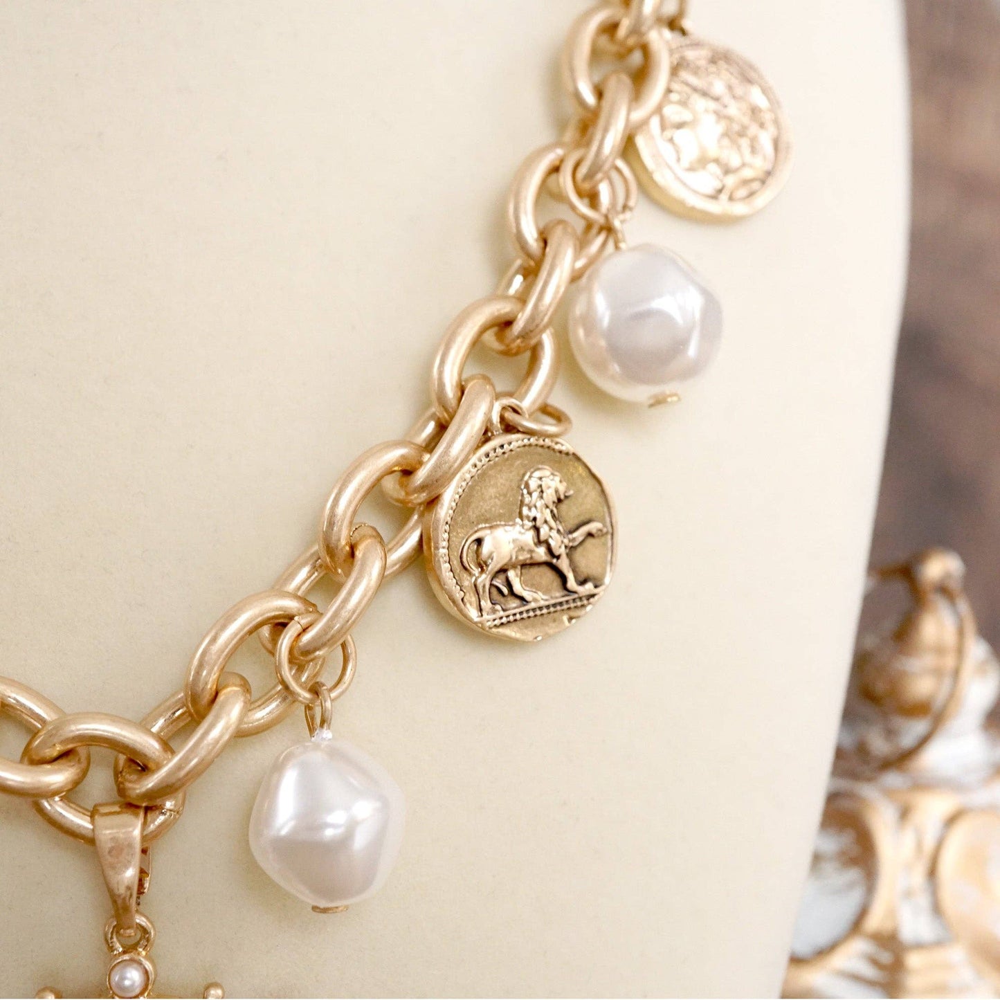 PennyLine inc - Boho Coin and Pearl Charms Statement Necklace – Gold and Silver Tone: Gold