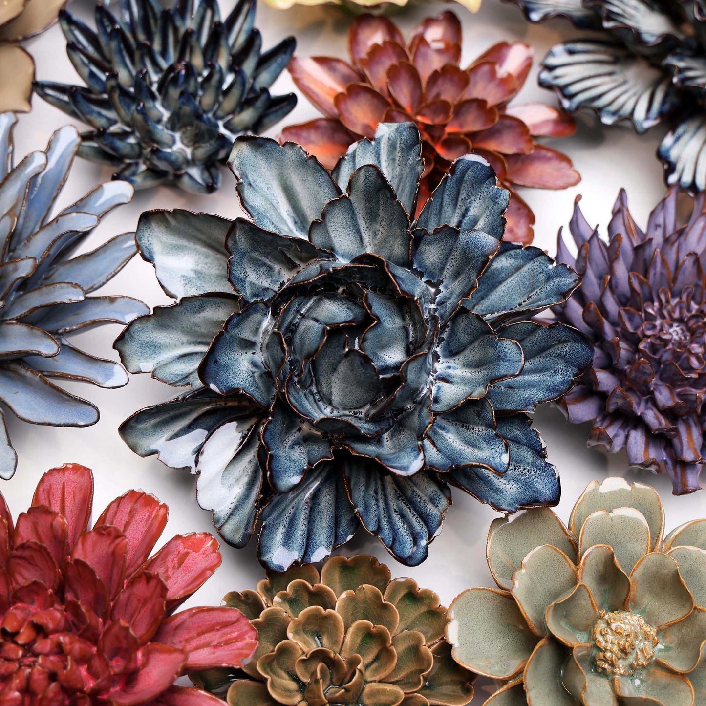 Chive - Japan Ceramic Flowers With Keyhole For Wall Hanging: Green Grey Small Flower