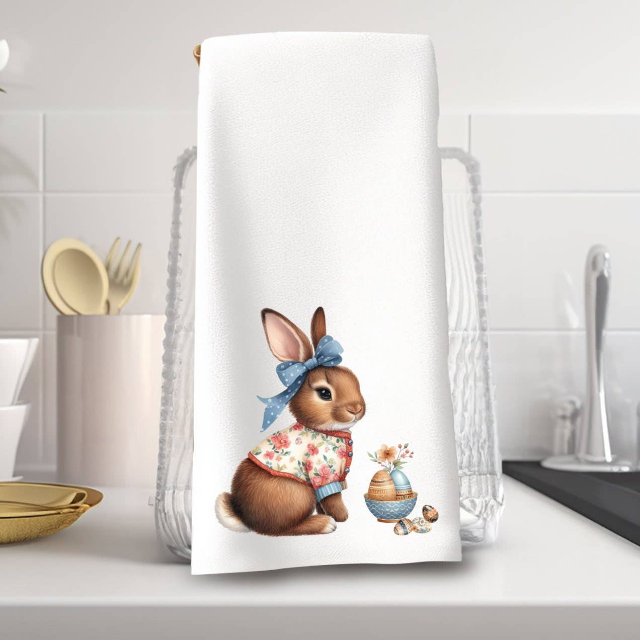 Fernville Creations - Spring Easter Hand Towel with Bunny & Eggs, Customizable: Without
